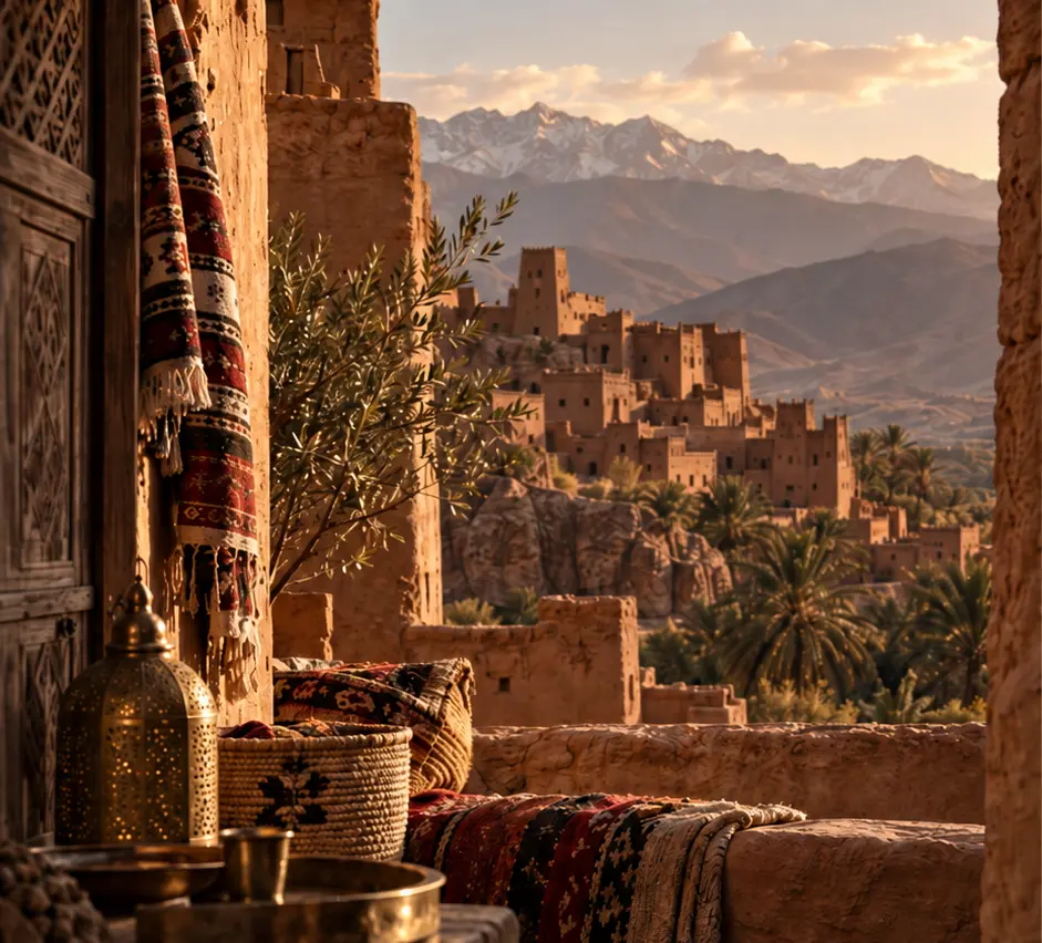 Village et montagnes de l’Atlas marocain à la lumière dorée