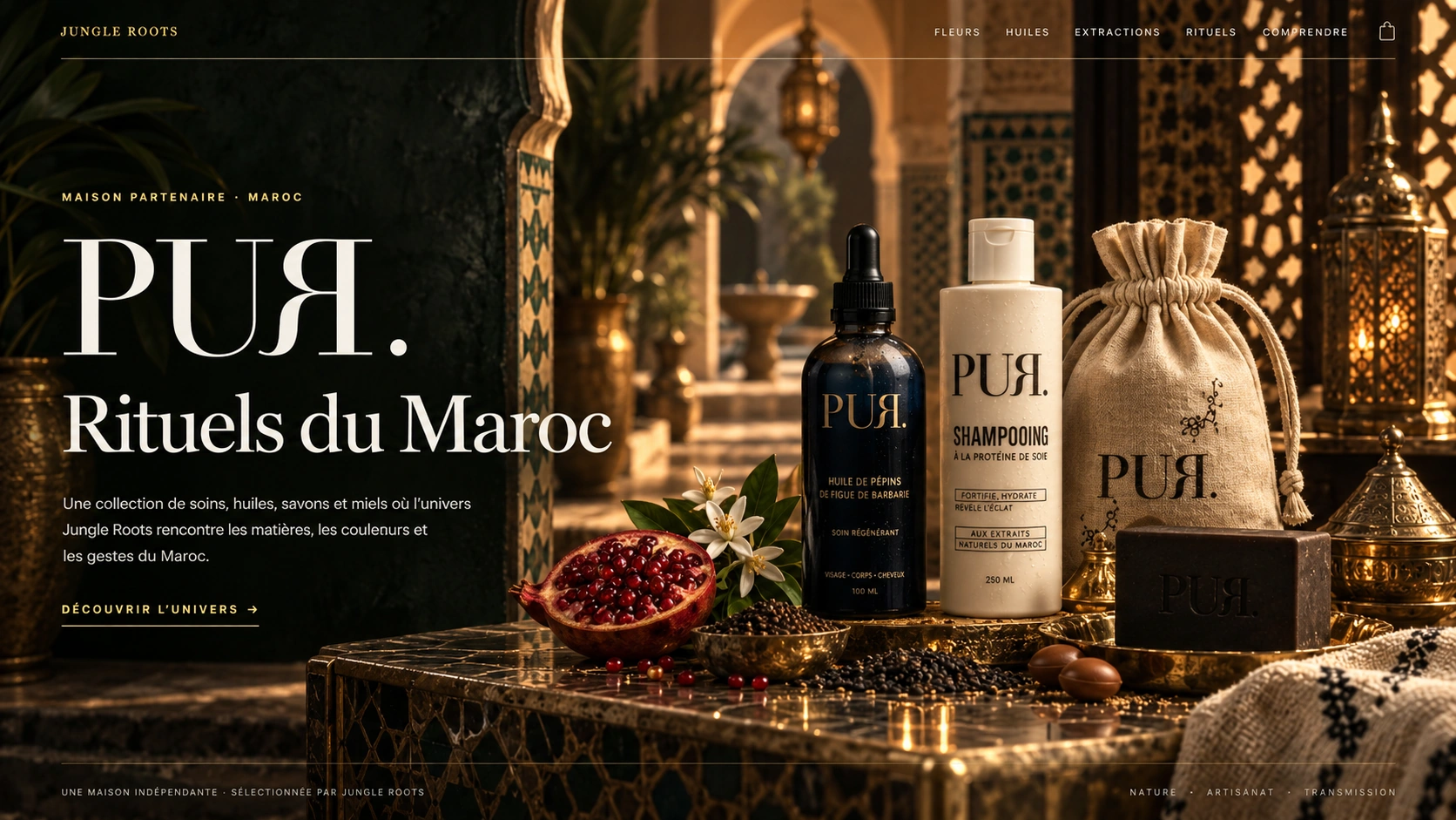 Univers PUR. dans un riad marocain aux matières artisanales et à la lumière dorée